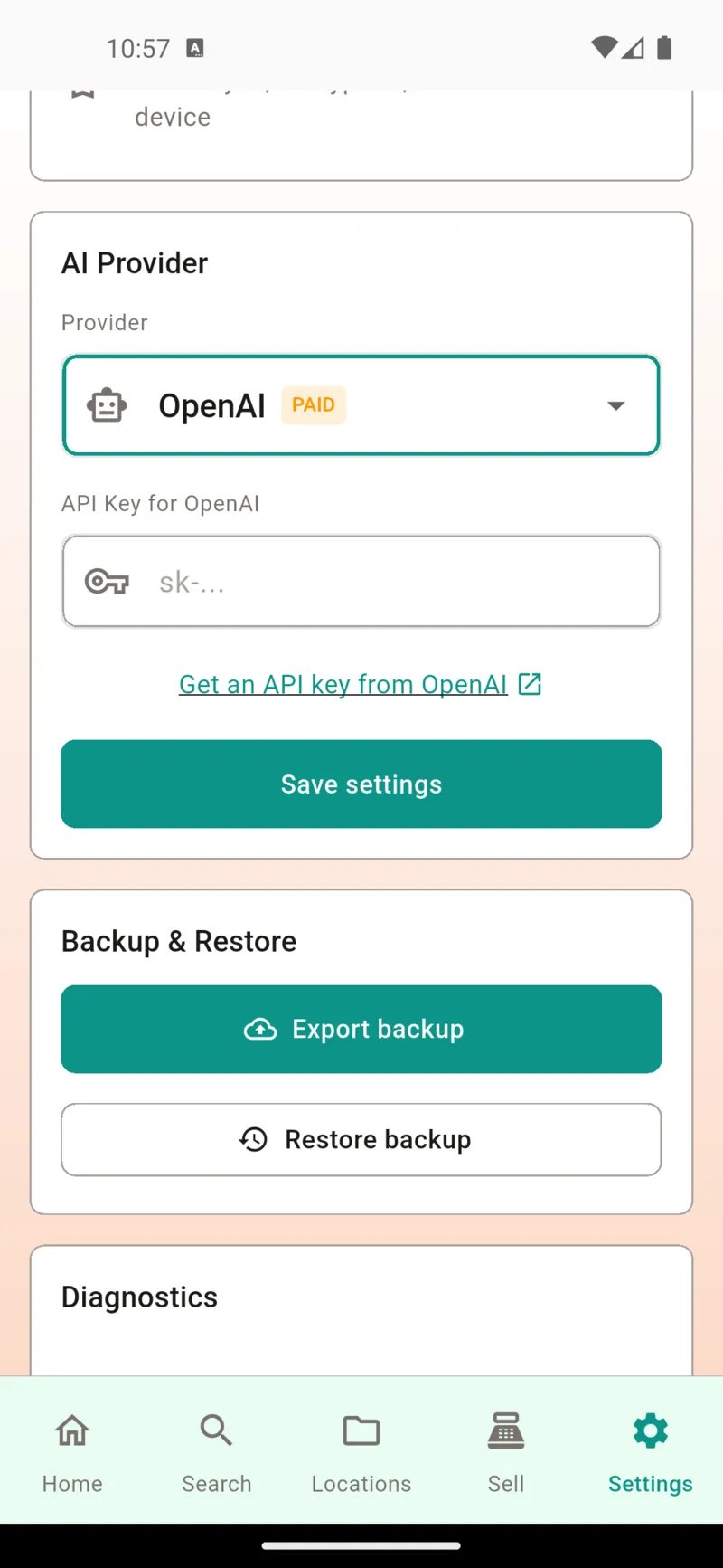 AI provider settings for generating item descriptions