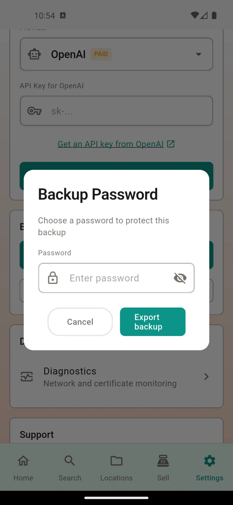 Backup password entry screen