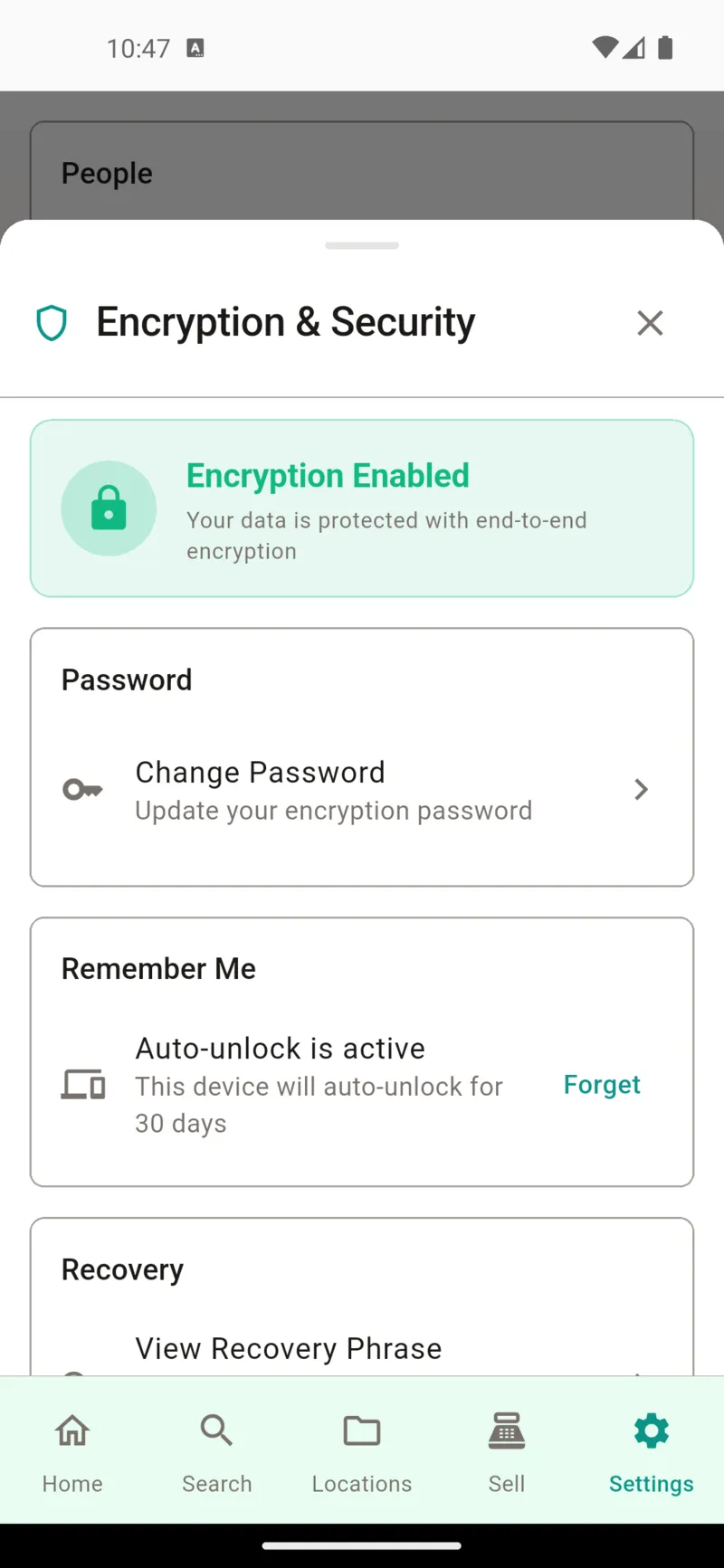 Encryption password setup screen