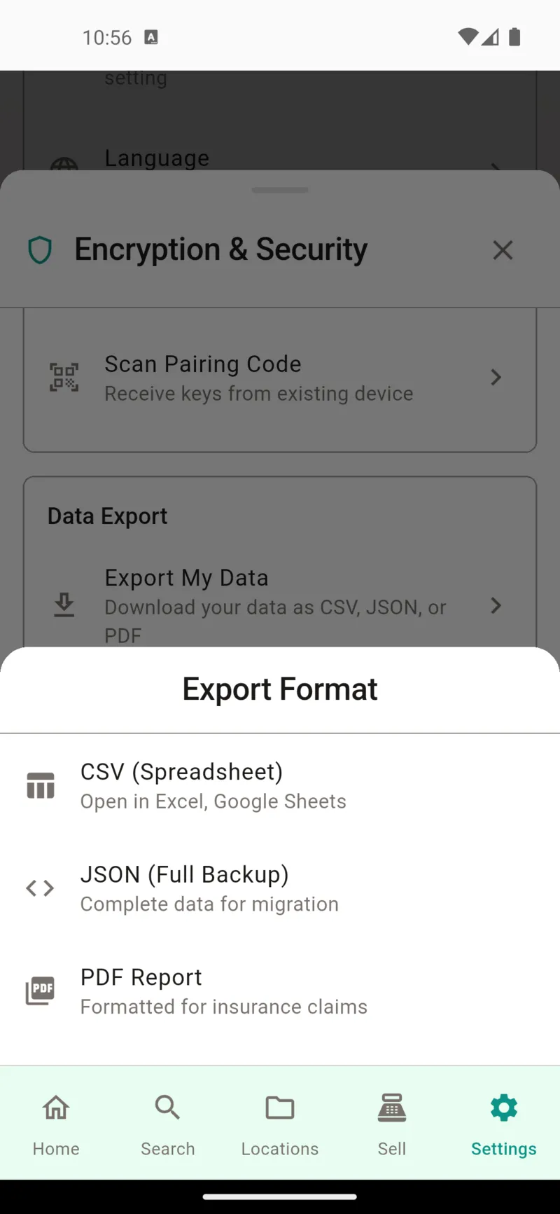 Data export options screen