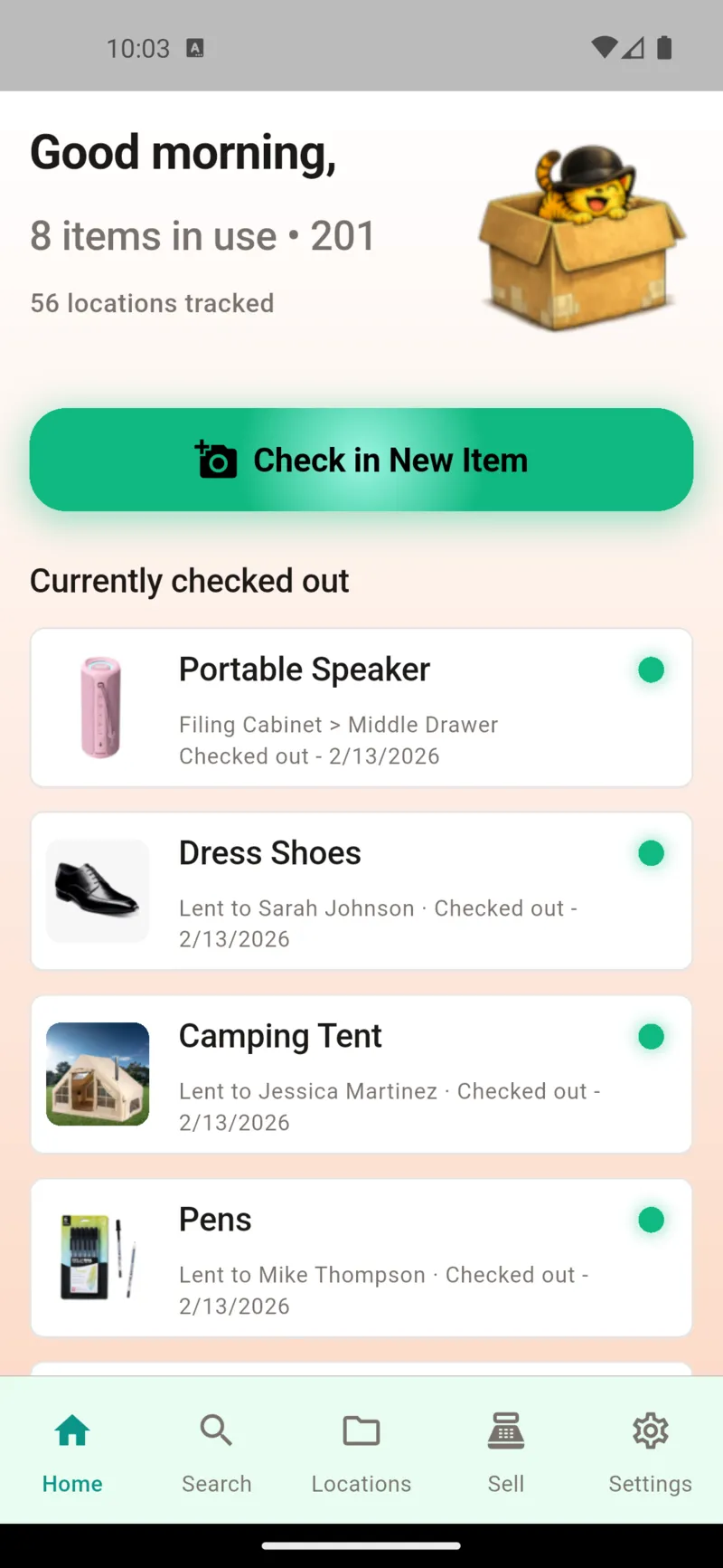 Home dashboard showing item list