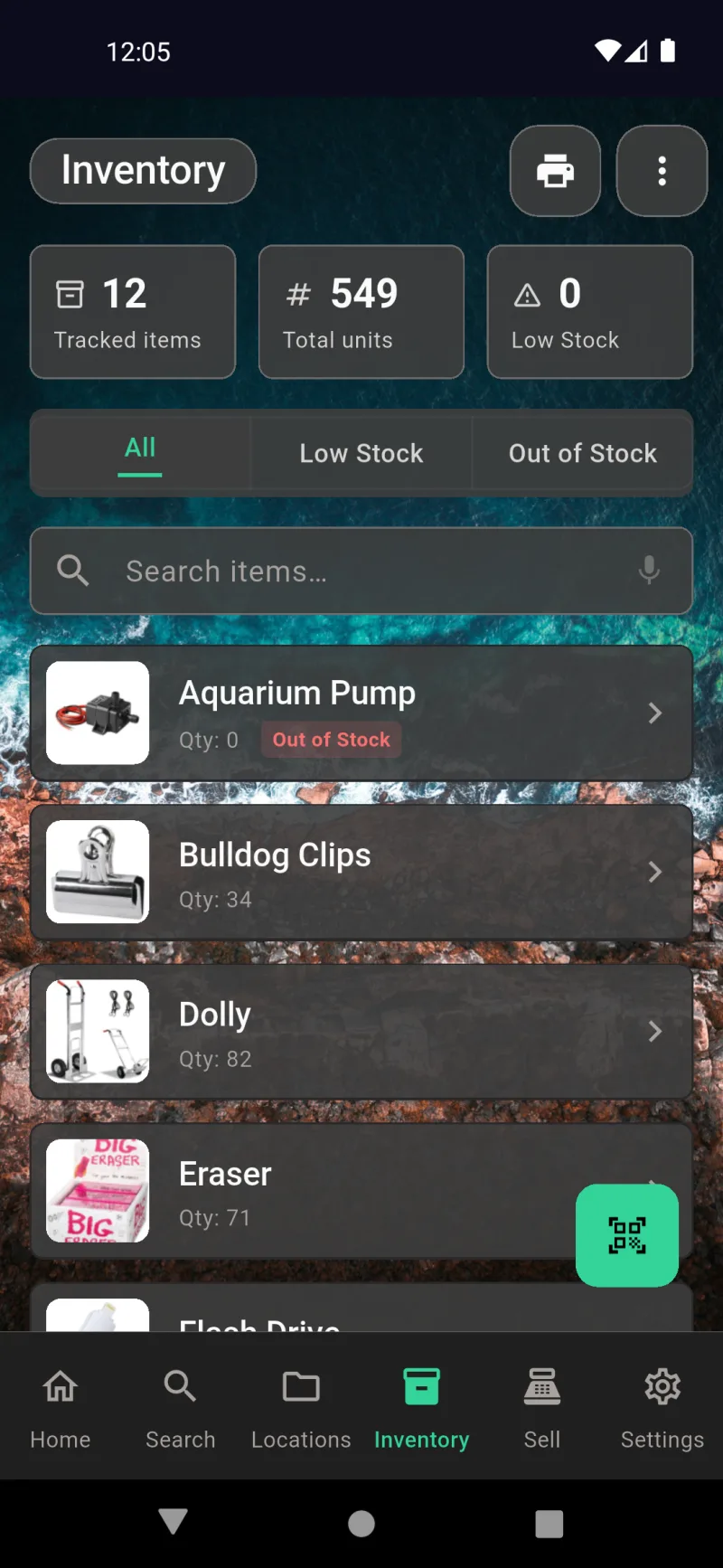 Inventory tab with Tracked items, Total units, and Low Stock summary plus item list