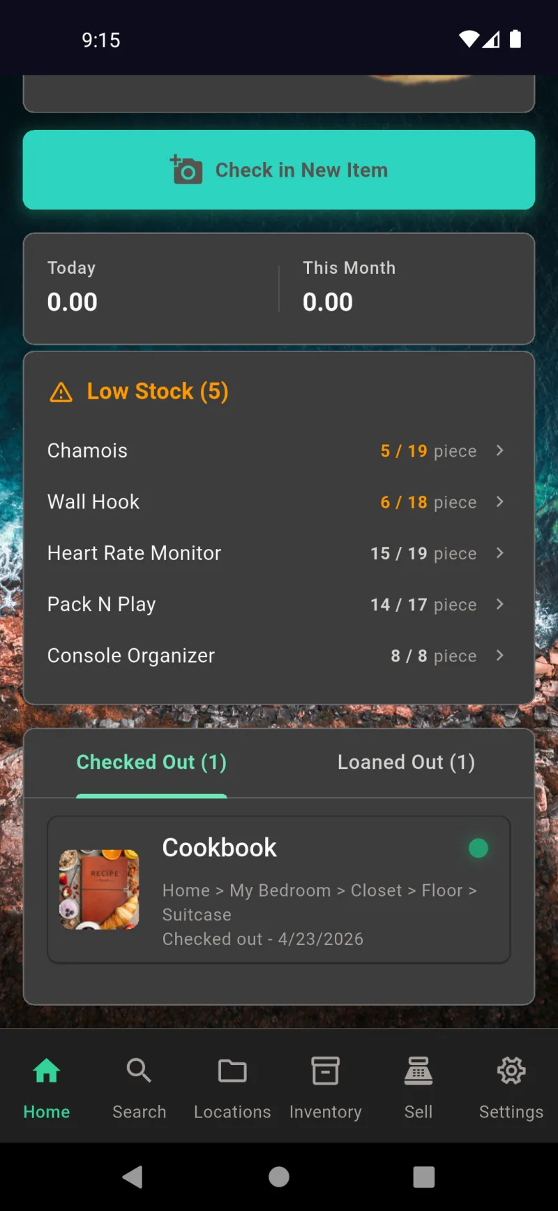 Home dashboard with Low Stock list and Checked Out Cookbook entry