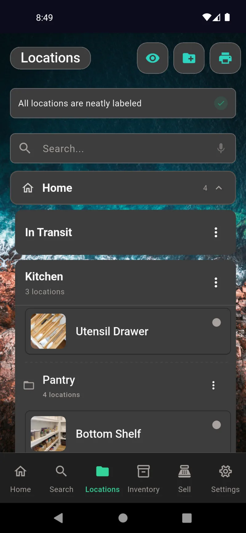 Locations screen with hierarchical Home, Kitchen, and Pantry storage tree