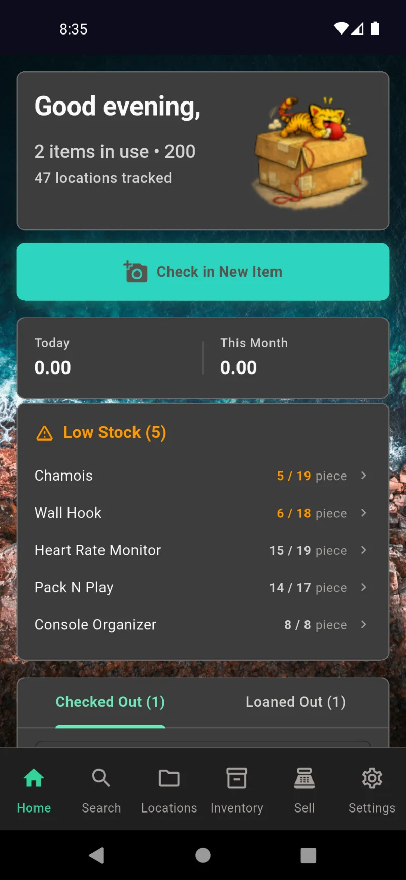 Home dashboard with Good evening greeting, summary stats, and Low Stock list