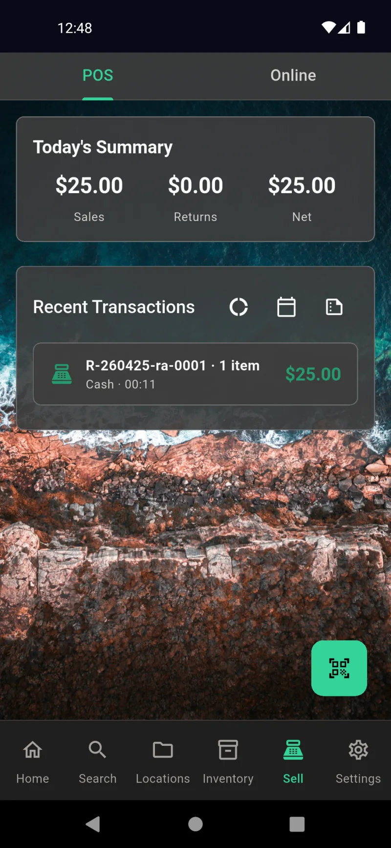 POS tab Today's Summary with Sales, Returns, Net totals and Recent Transactions list