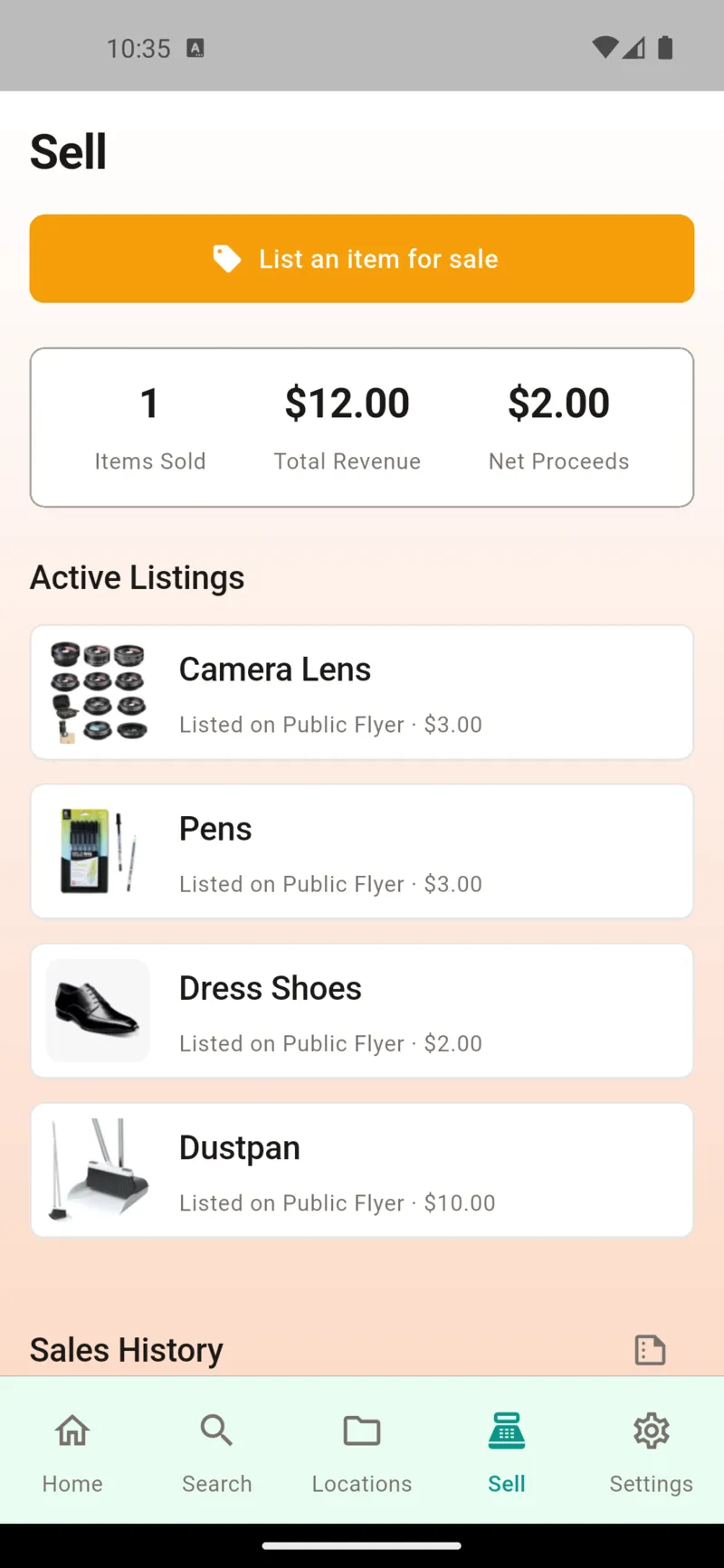 Sell dashboard with active listings and sales stats