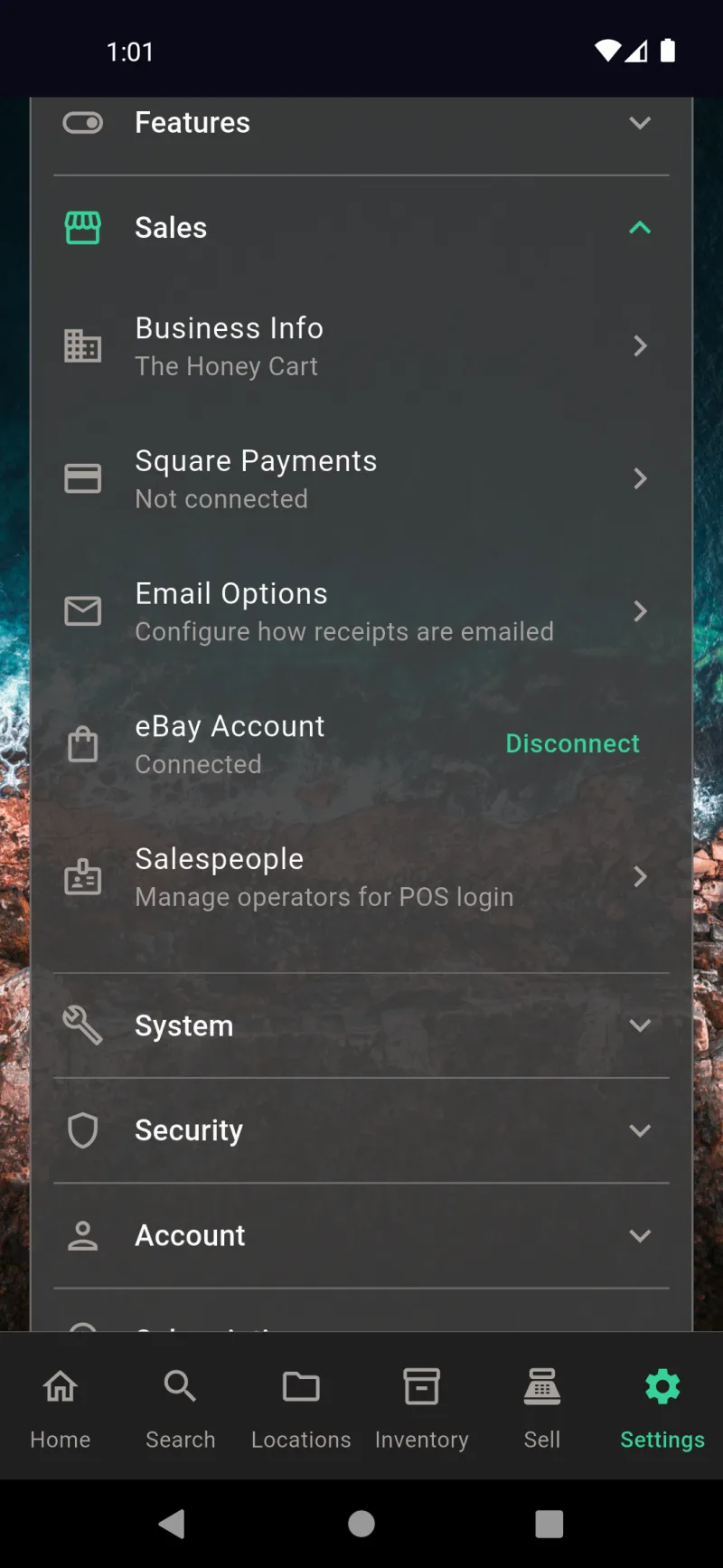 Settings > Sales section showing Business Info, Square Payments, Email Options, eBay Account, and Salespeople — Manage operators for POS login