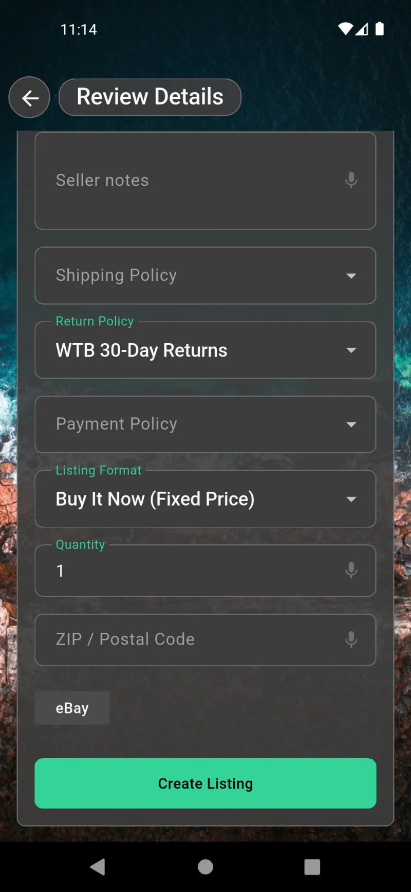 Review Details listing form scrolled to Shipping, Return, Payment policy, Listing Format, Quantity, ZIP, and Create Listing for eBay