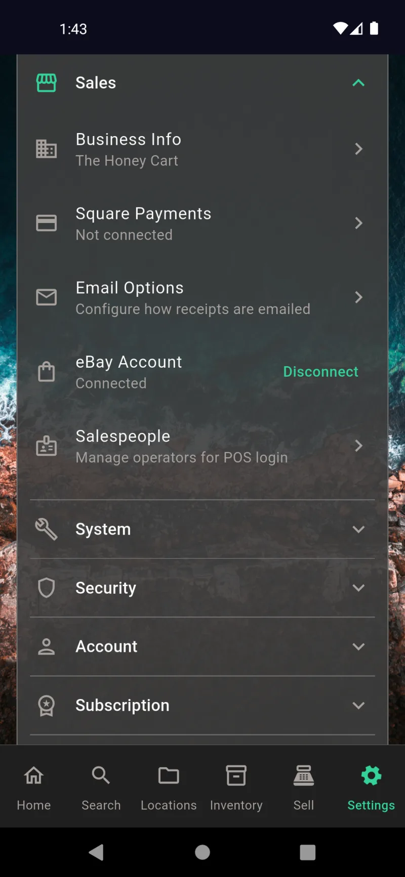 Settings > Sales section with Business Info, Square Payments, Email Options, eBay Account, and Salespeople entries