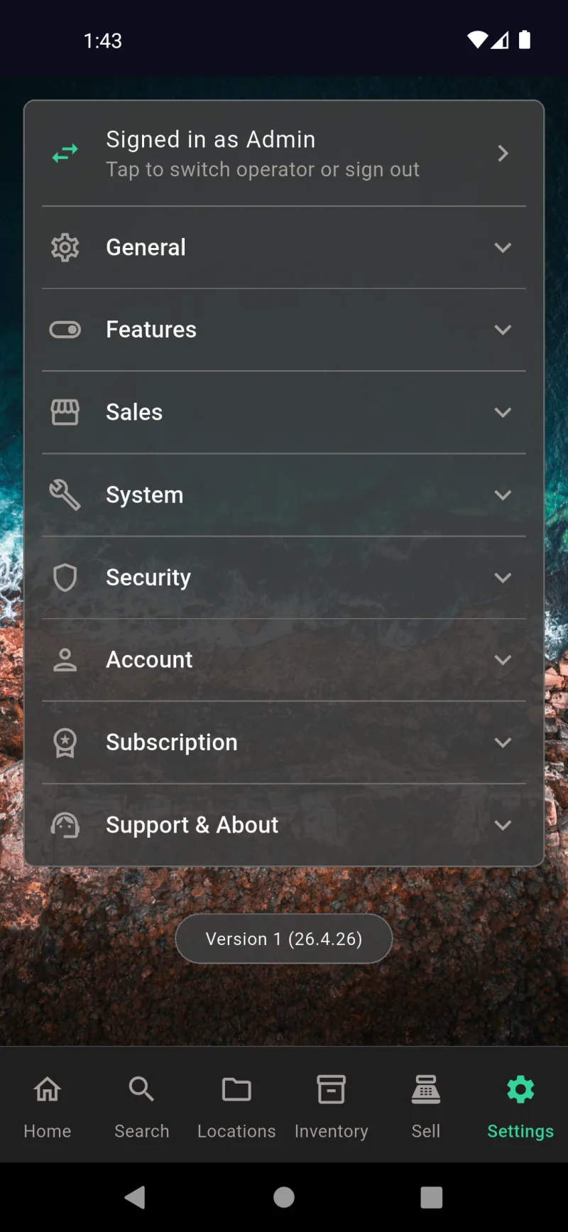 Settings root with Signed in as Admin and collapsed General, Features, Sales, System, Security, Account, Subscription, Support sections