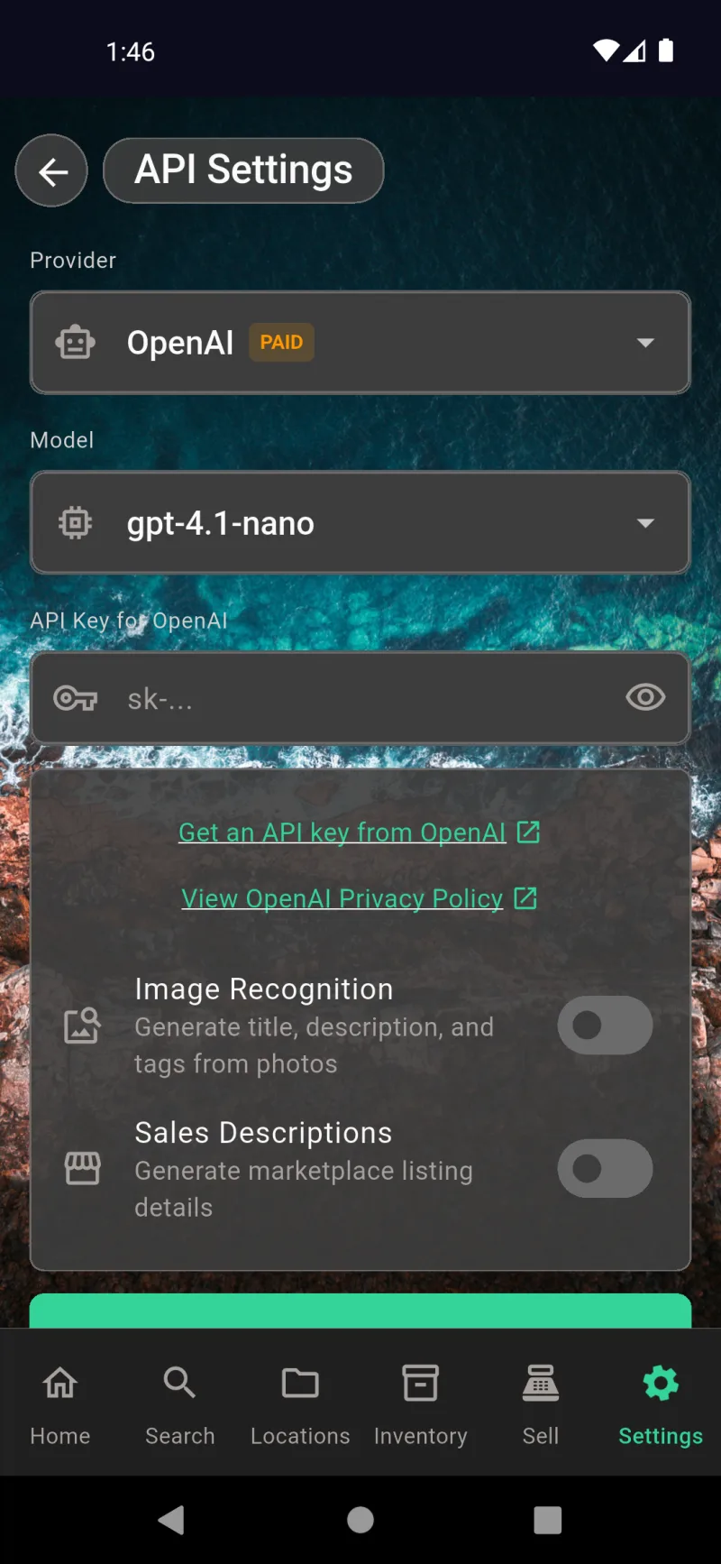 AI API Settings with OpenAI provider, model gpt-4.1-nano, API key field, and Image Recognition / Sales Descriptions toggles