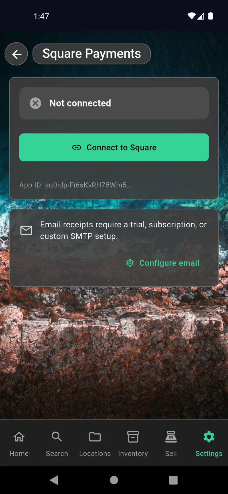 Square Payments not connected with Connect to Square button and email-receipt subscription notice
