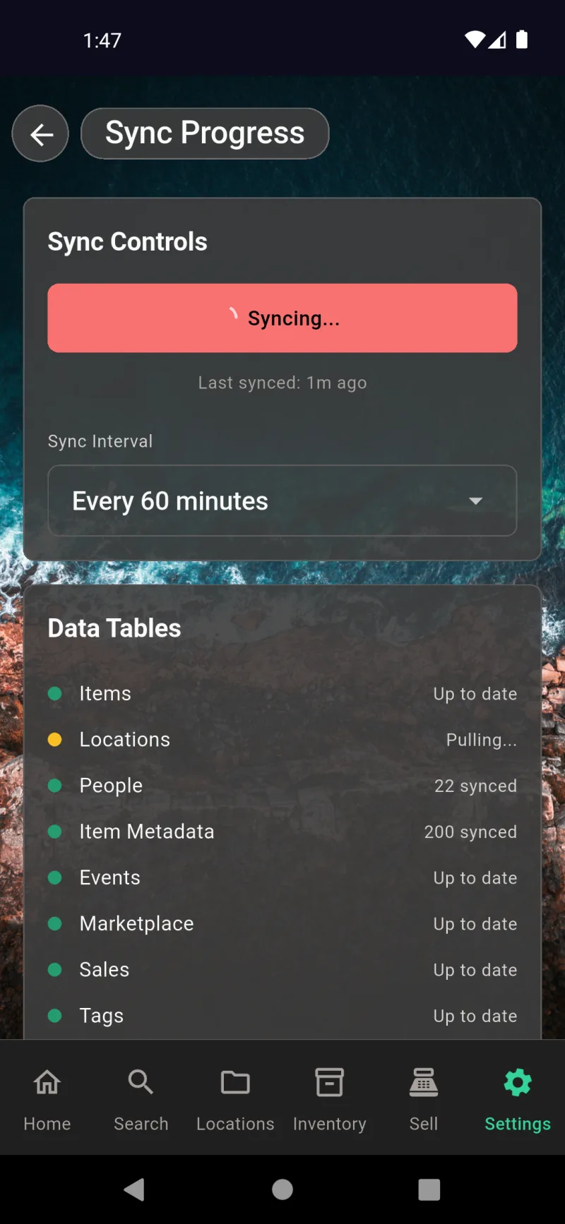 Sync Progress with Sync Controls (Syncing…), Sync Interval, and Data Tables status per table