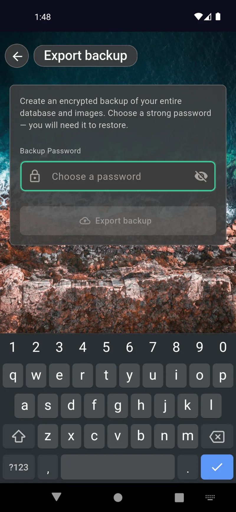 Export backup screen with Backup Password field and Export backup button