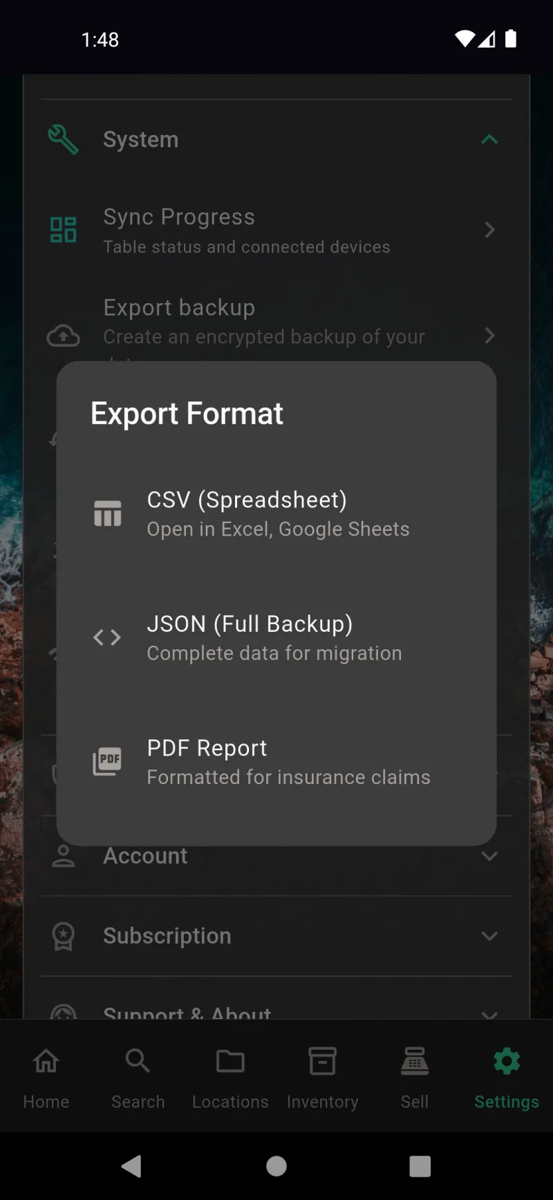 Export Format dialog offering CSV, JSON Full Backup, or PDF Report