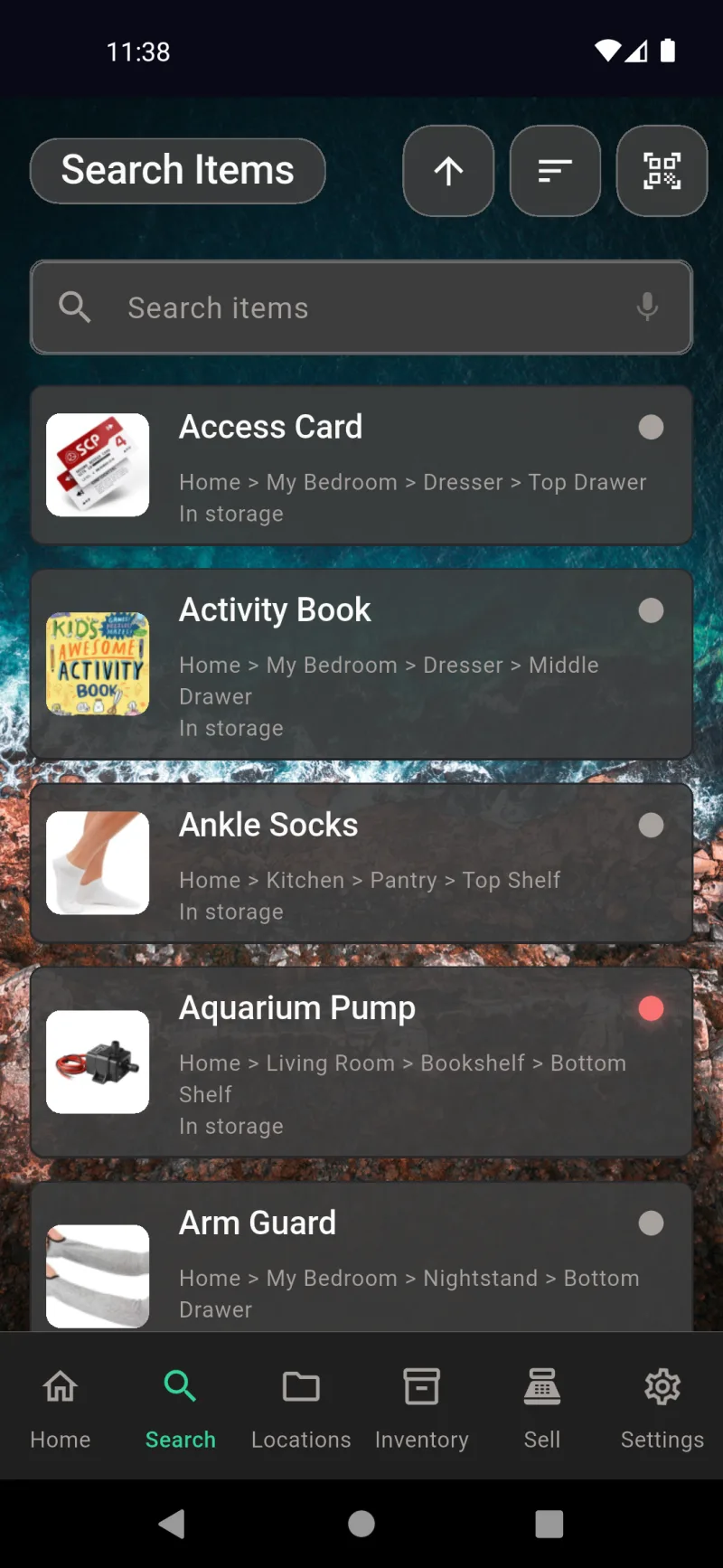 Search Items screen with alphabetical results and voice mic icon in the search field