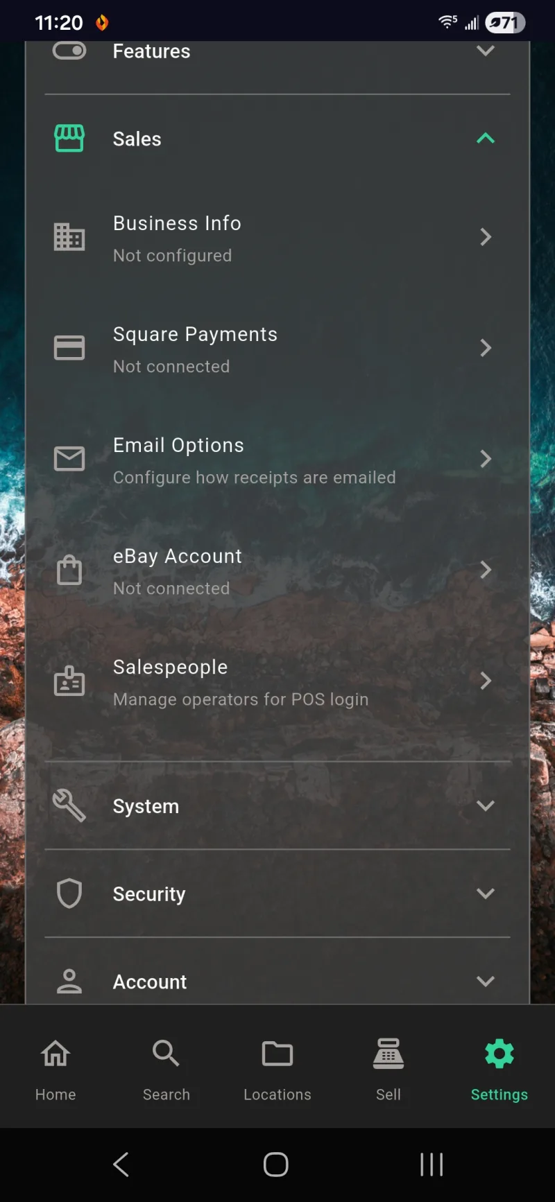 Settings > Sales section with eBay Account showing Not connected
