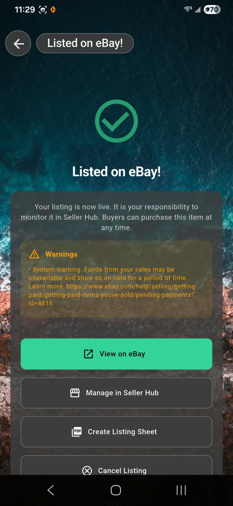 Listed on eBay! success screen with eBay system warnings and View on eBay, Manage in Seller Hub, Create Listing Sheet, Cancel Listing