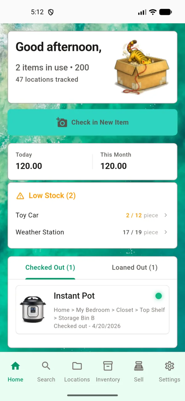 Home Dashboard - Quick check-in, checked-out items at a glance