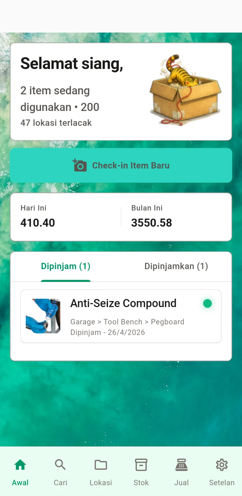 Dashboard utama Where The Bleep menampilkan check-in dan pelacakan barang