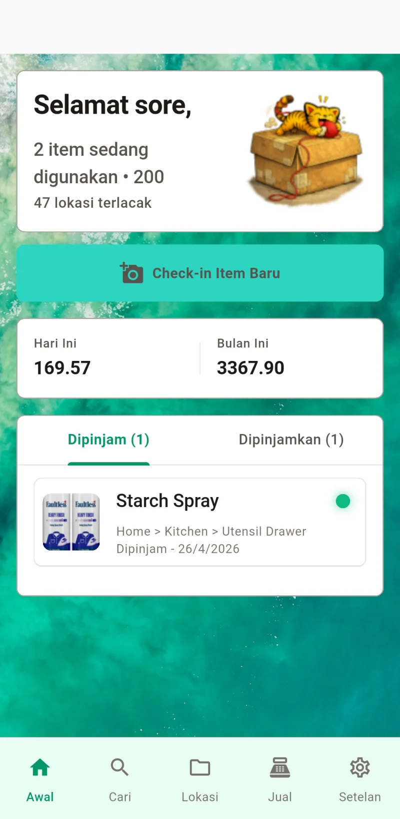 Dashboard utama Where The Bleep menampilkan check-in dan pelacakan barang