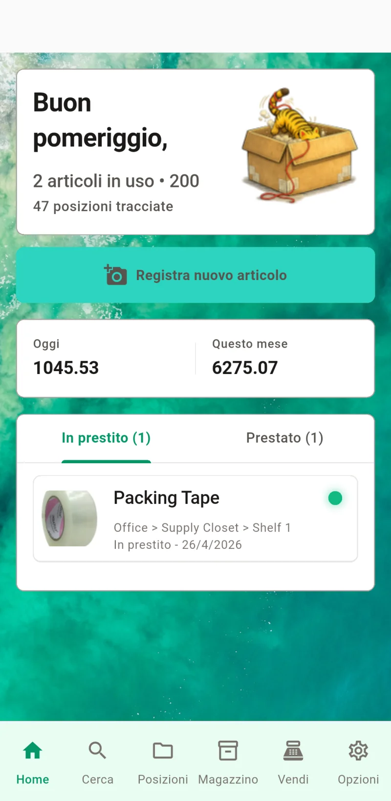 Dashboard principale di Where The Bleep con check-in e tracciamento degli oggetti