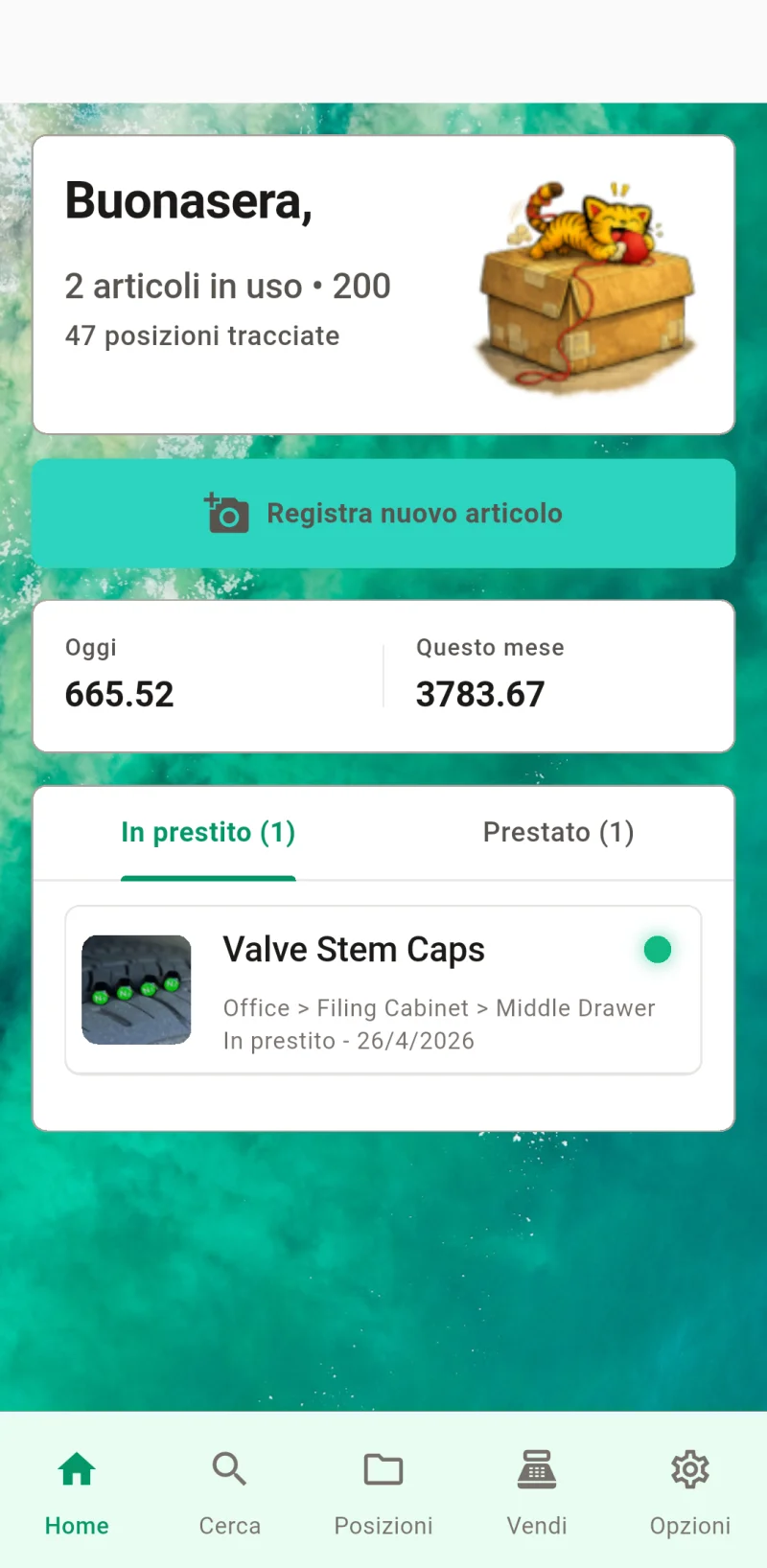 Dashboard principale di Where The Bleep con check-in e tracciamento degli oggetti