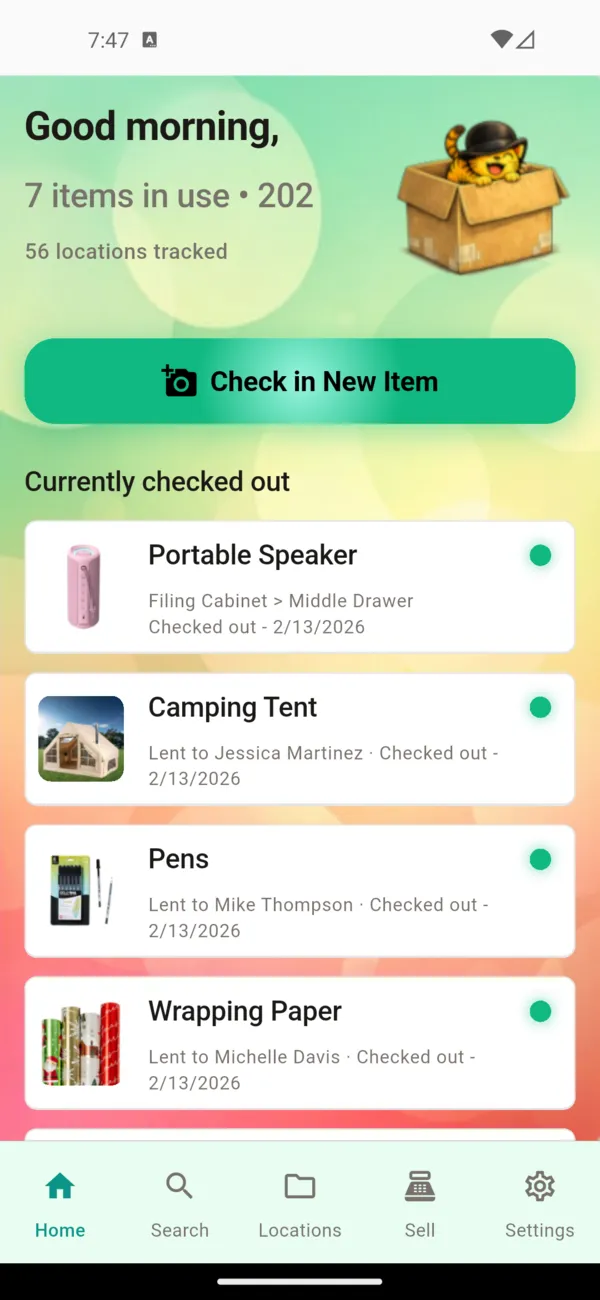Where The Bleep home dashboard showing item check-in and tracking