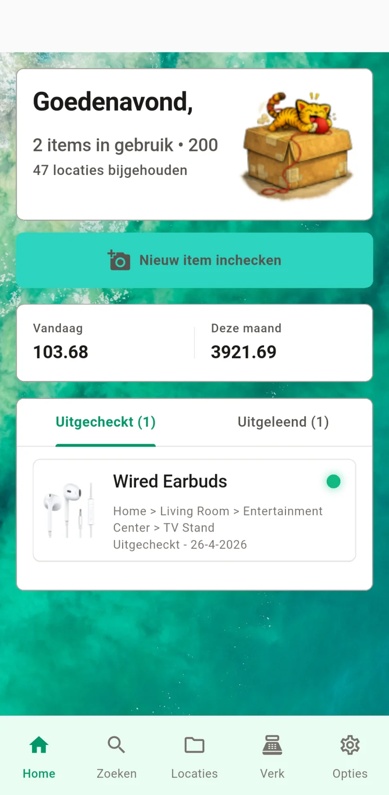 Where The Bleep startscherm met item-inchecken en tracking
