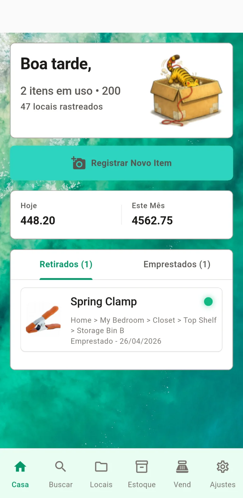 Painel principal do Where The Bleep mostrando check-in e rastreamento de itens